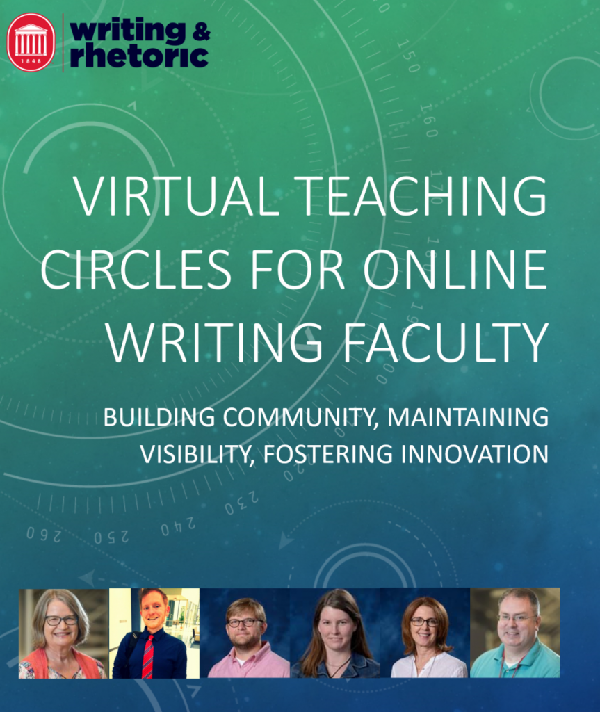 Image of the presentation's PowerPoint slide with the presentation title "Virtual Teaching Circles for Online Writing Faculty" along with small photos of each of the presenters. 